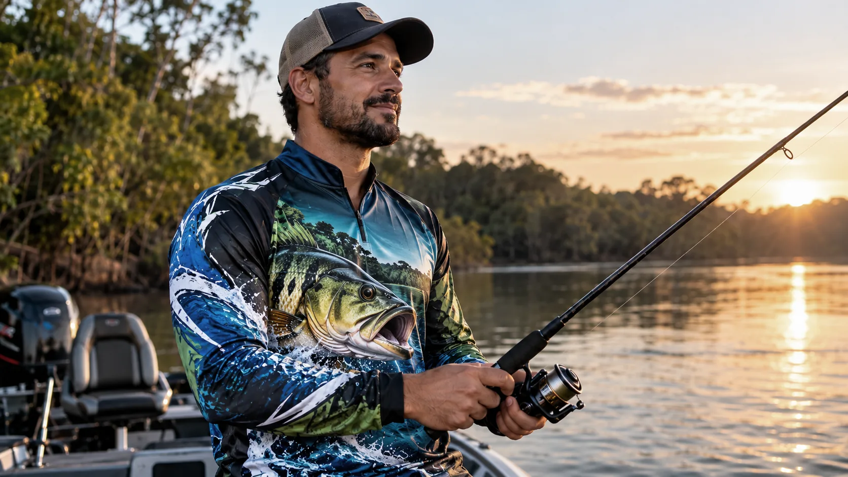 Pescador com camisa Dry Fit sublimada ao pôr do sol