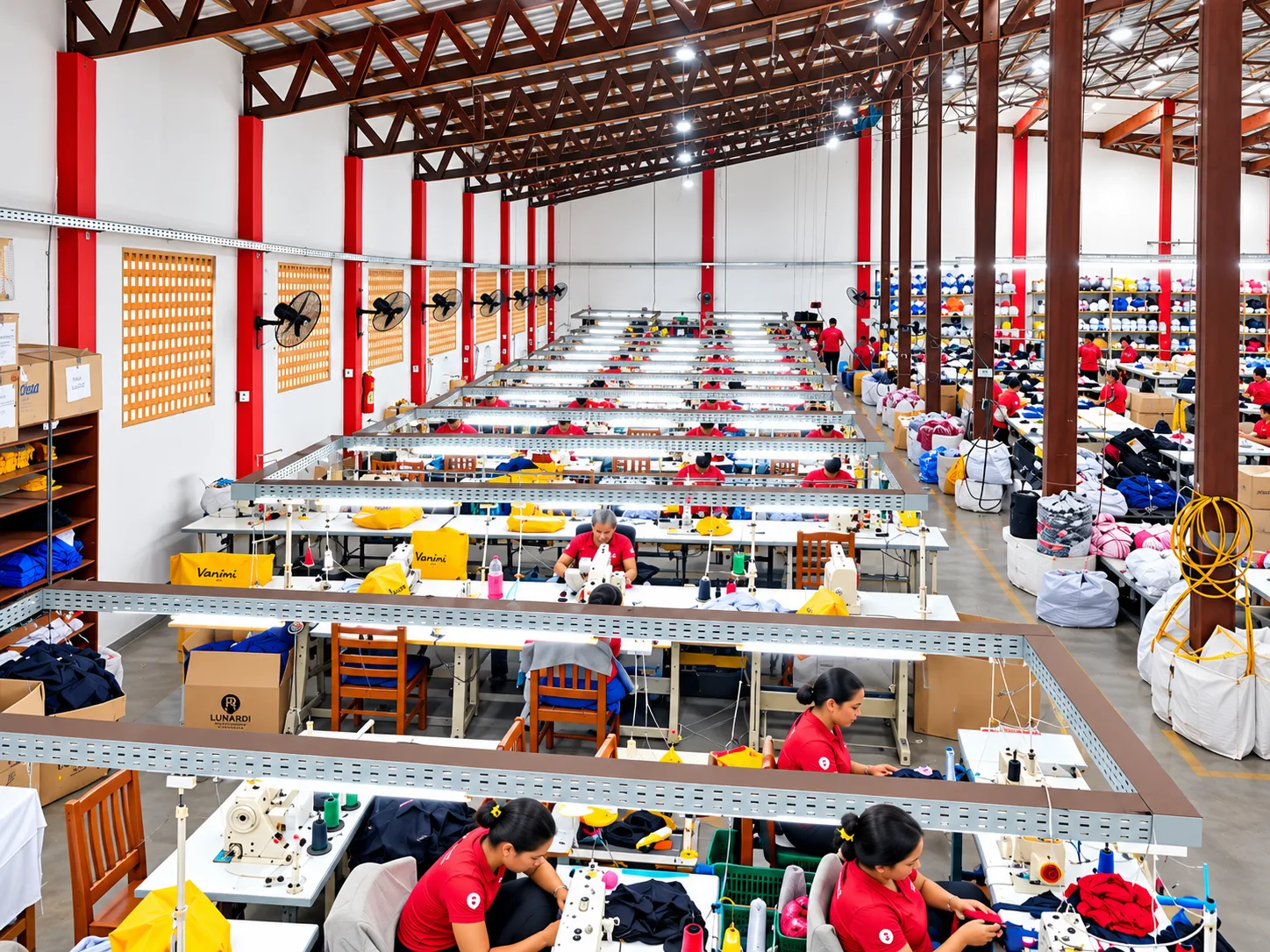 Linha de produção da fábrica da Vanini com costureiras de uniforme vermelho